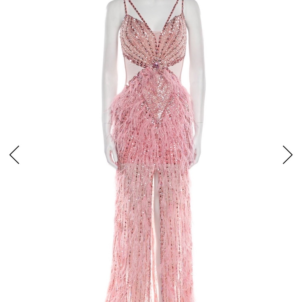Portia and Scarlett Dusty Rose Feather & Beaded Slit Prom Gown - Picture 2 of 5